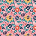 Vector seamless pattern with different flowers, leaves, berries on a pink background. pattern for printing on fabric, clothing, wr